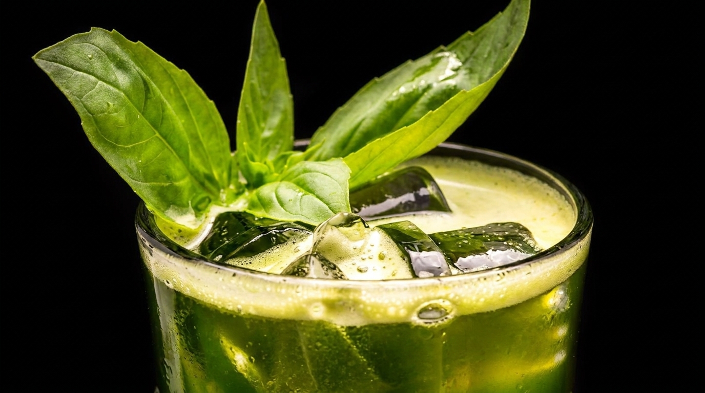 Close-up of a vibrant green cocktail with ice and fresh basil leaves against a dark background.