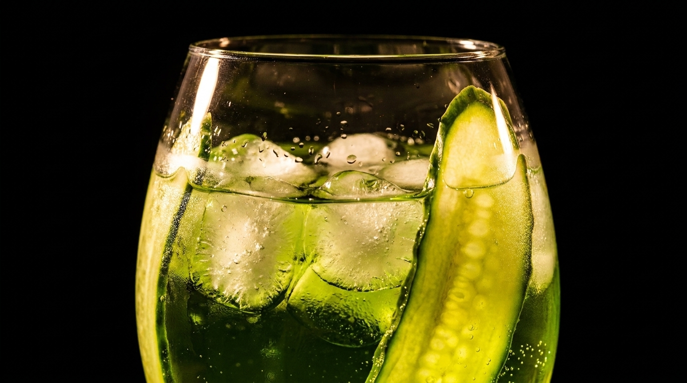 Close-up of a refreshing green cocktail with ice and a cucumber slice in a clear glass.