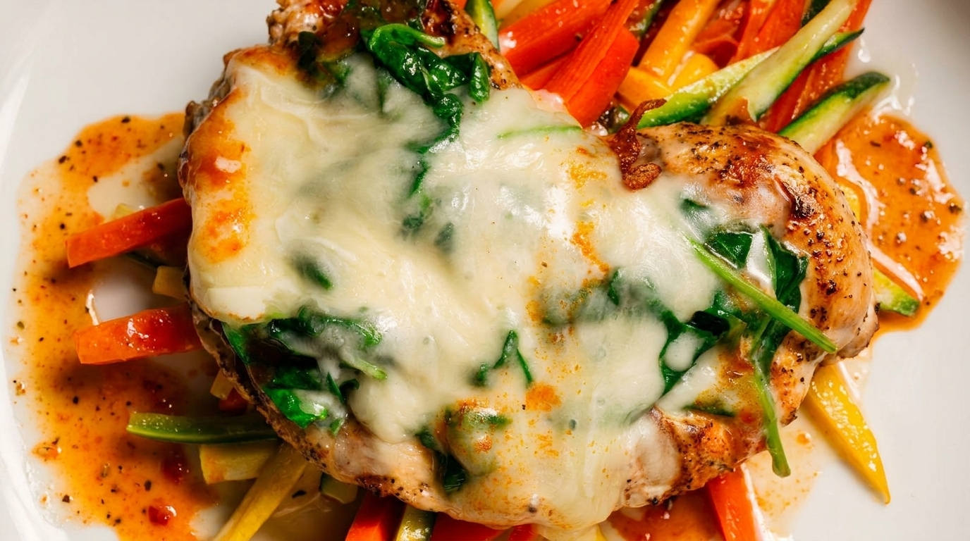 Chicken breast topped with melted cheese and spinach, served with colorful julienned vegetables and sauce.