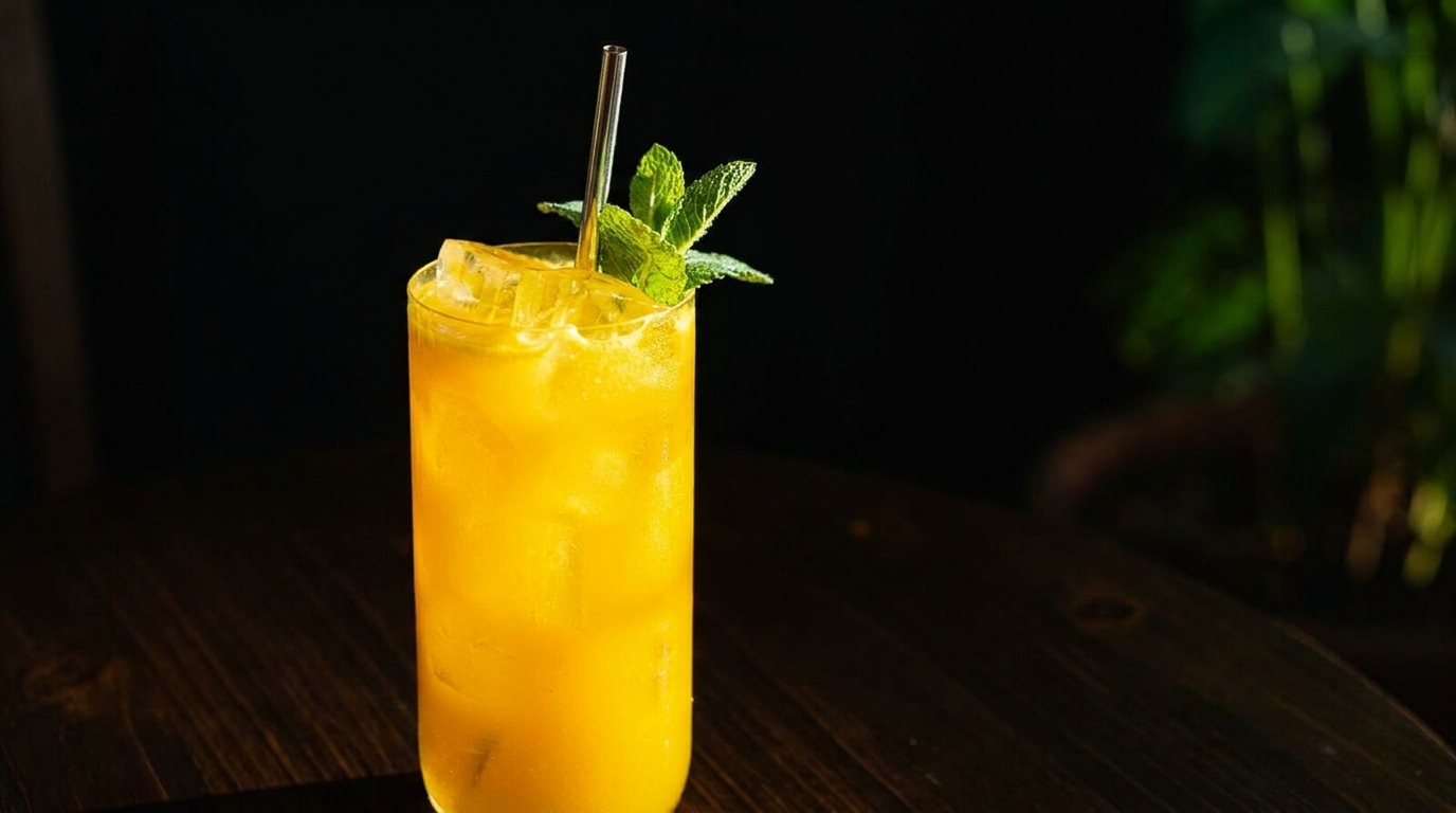 A tall glass of iced orange drink with a metal straw and mint garnish on a dark wooden table.