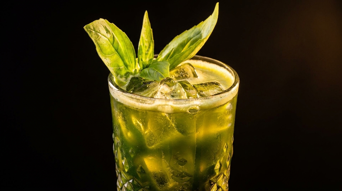 A vibrant green cocktail with ice and fresh basil leaves in a textured glass against a dark background.