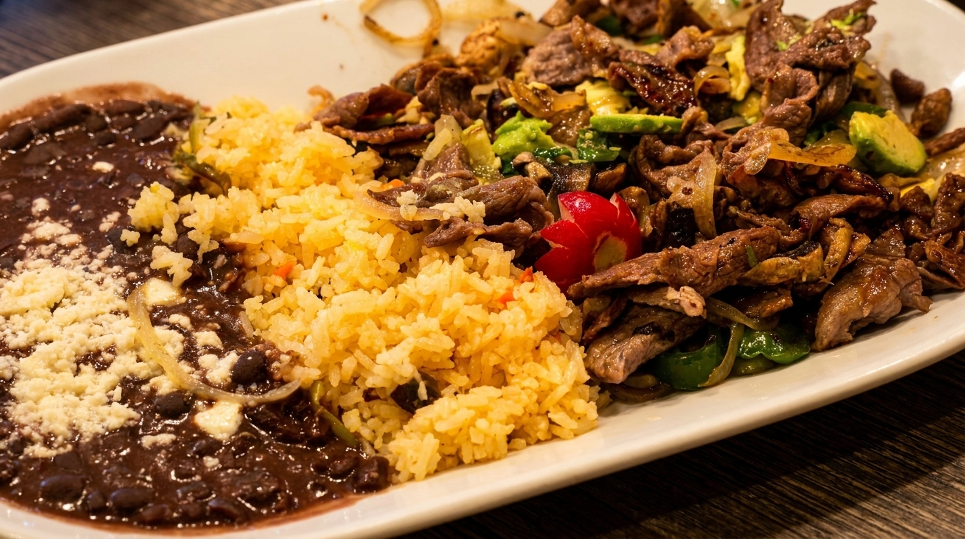 A white plate holds a meal of yellow rice, black beans with cheese, and stir-fried beef with vegetables.