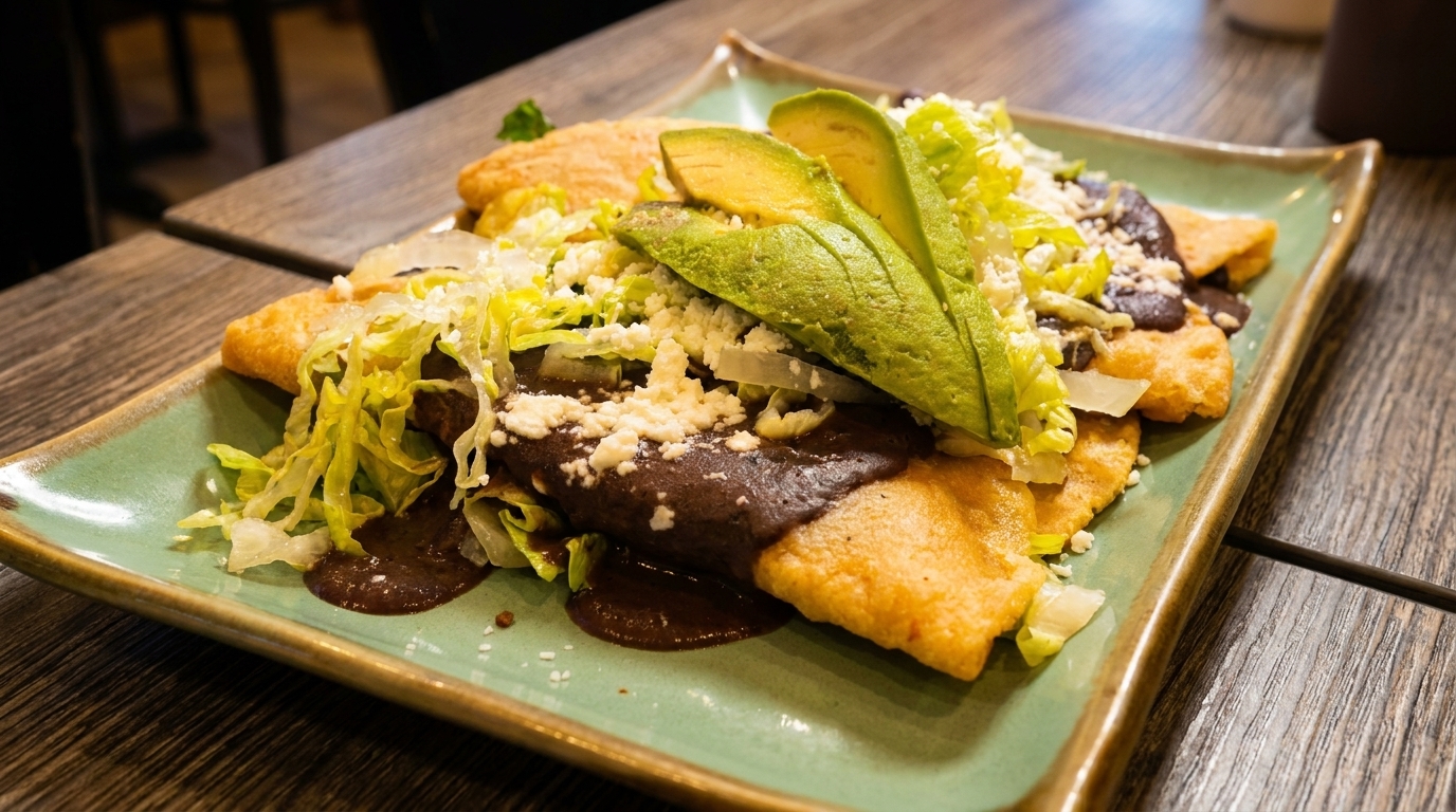 Fried tortillas topped with dark mole sauce, shredded lettuce, cheese, and sliced avocado.