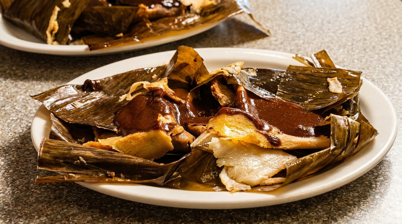 Two plates of tamales wrapped in banana leaves, topped with rich mole sauce.
