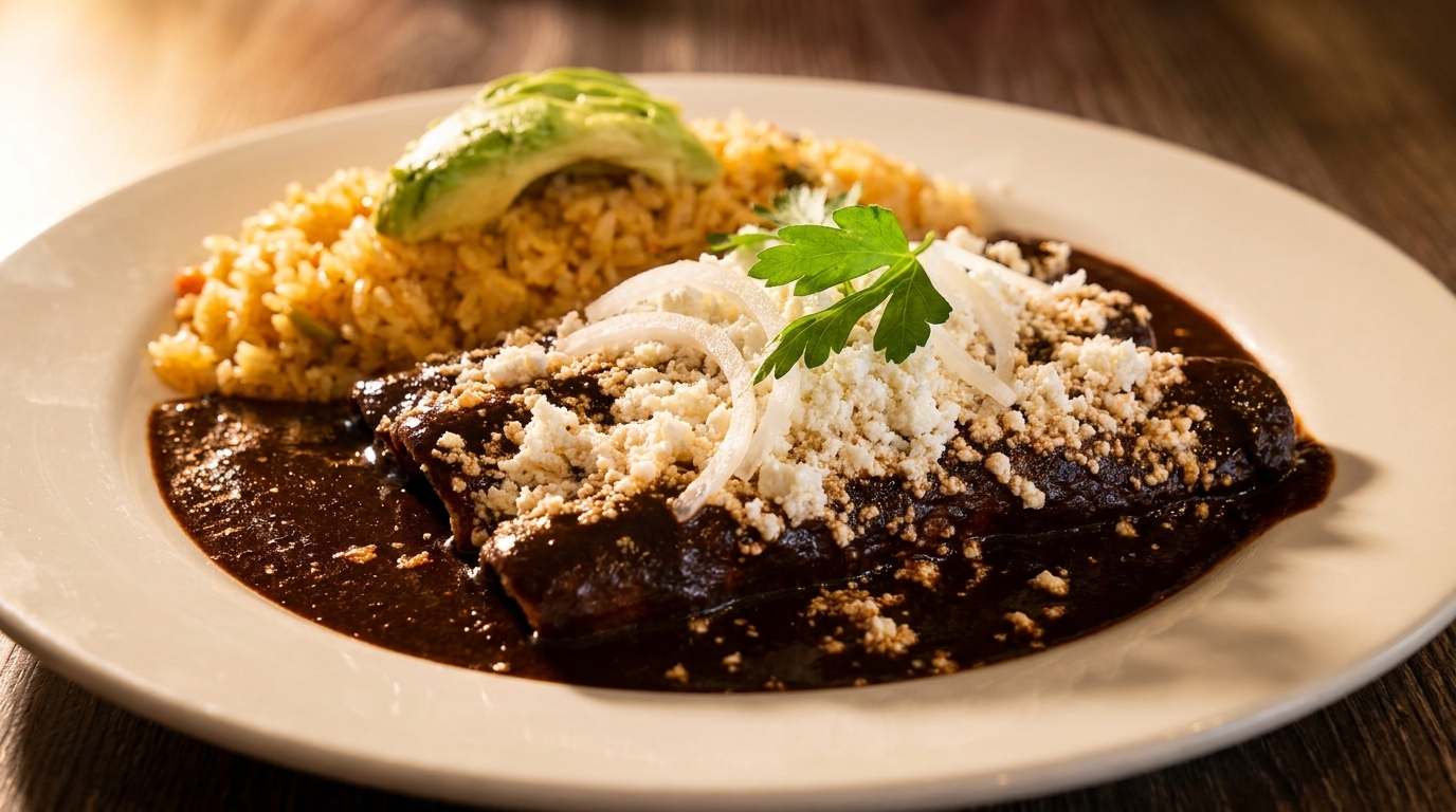 Enchiladas with rich mole sauce, crumbled cheese, onions, parsley, and rice with avocado.