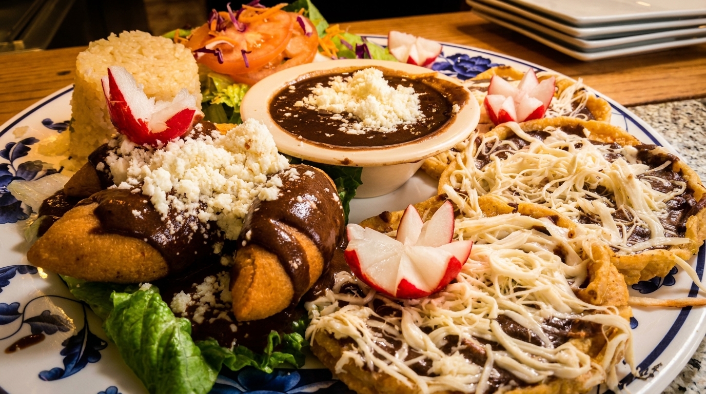 A colorful Mexican dish with mole-covered enchiladas, sopes, rice, salad, and radish garnishes.