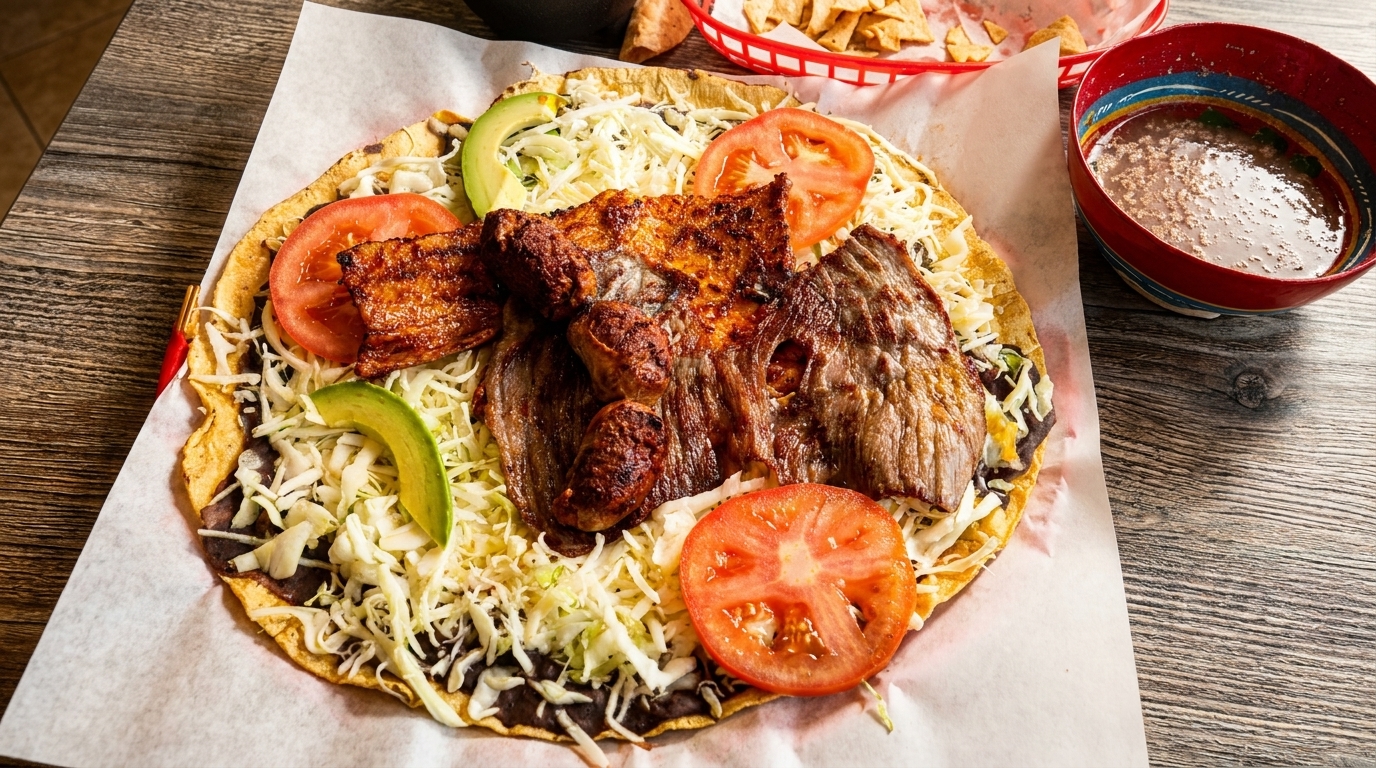 A large tlayuda topped with grilled meats, shredded cabbage, avocado, and tomato slices.