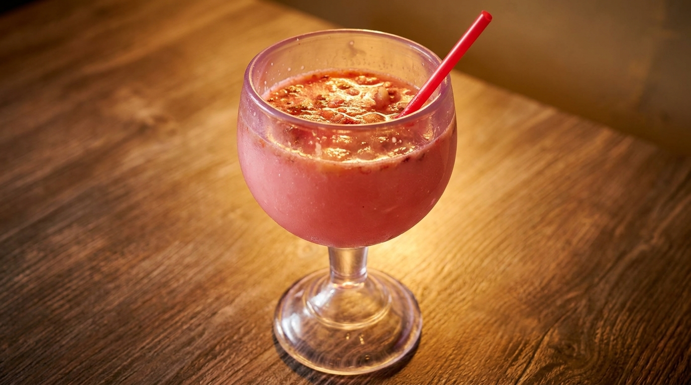 A pink strawberry smoothie with a red straw in a stemmed glass on a wooden table.