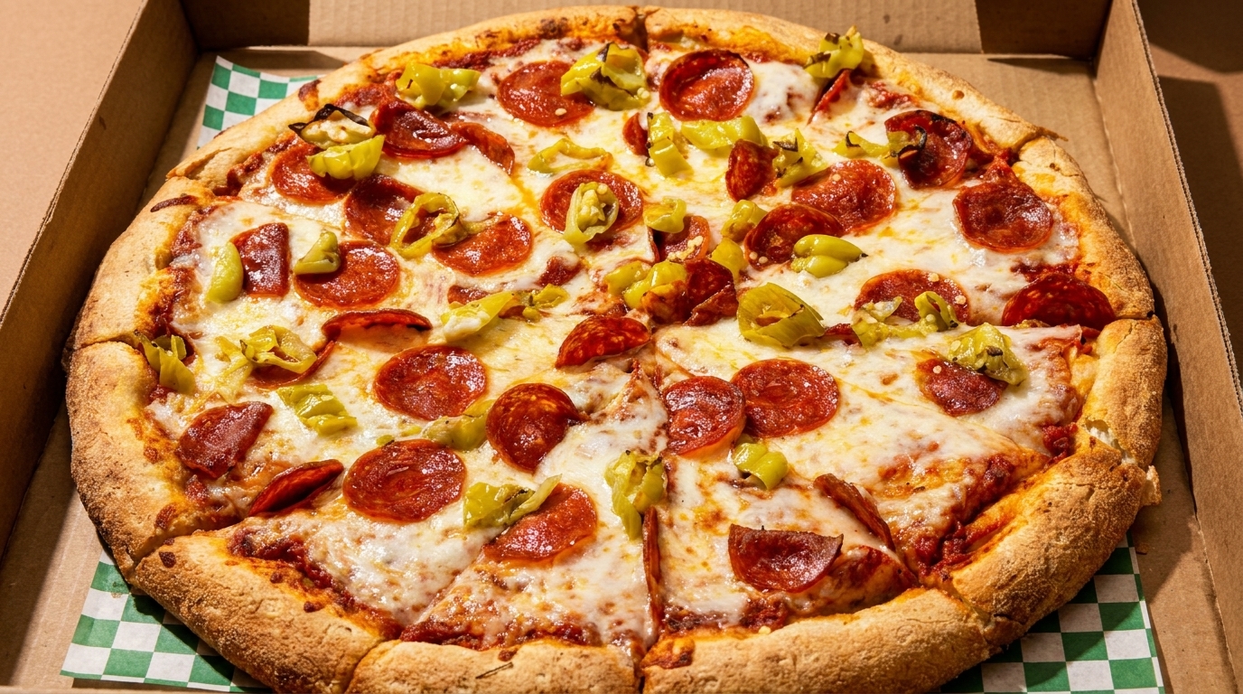 A pepperoni and banana pepper pizza with melted cheese, in a cardboard box with green and white checkered paper.