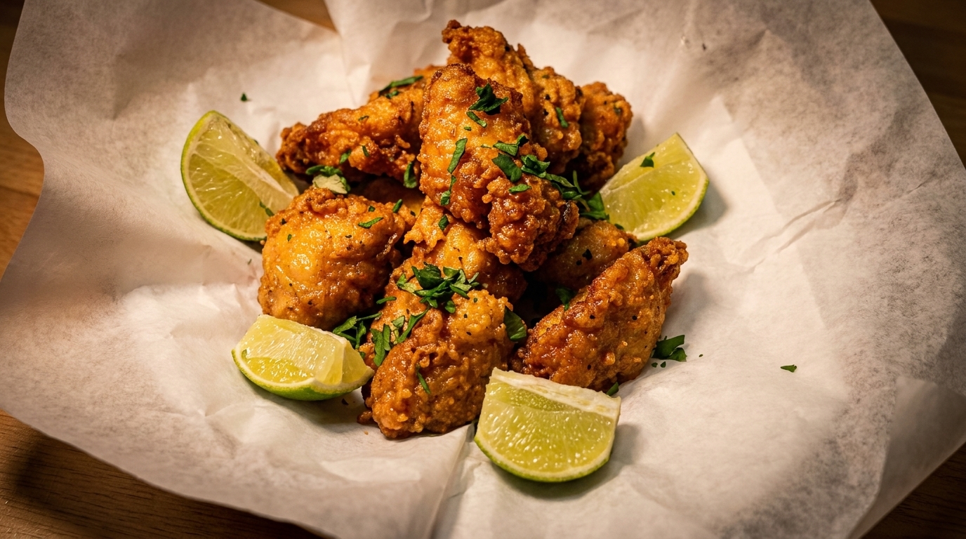 Crispy fried chicken pieces with fresh parsley and lime wedges on white parchment paper.