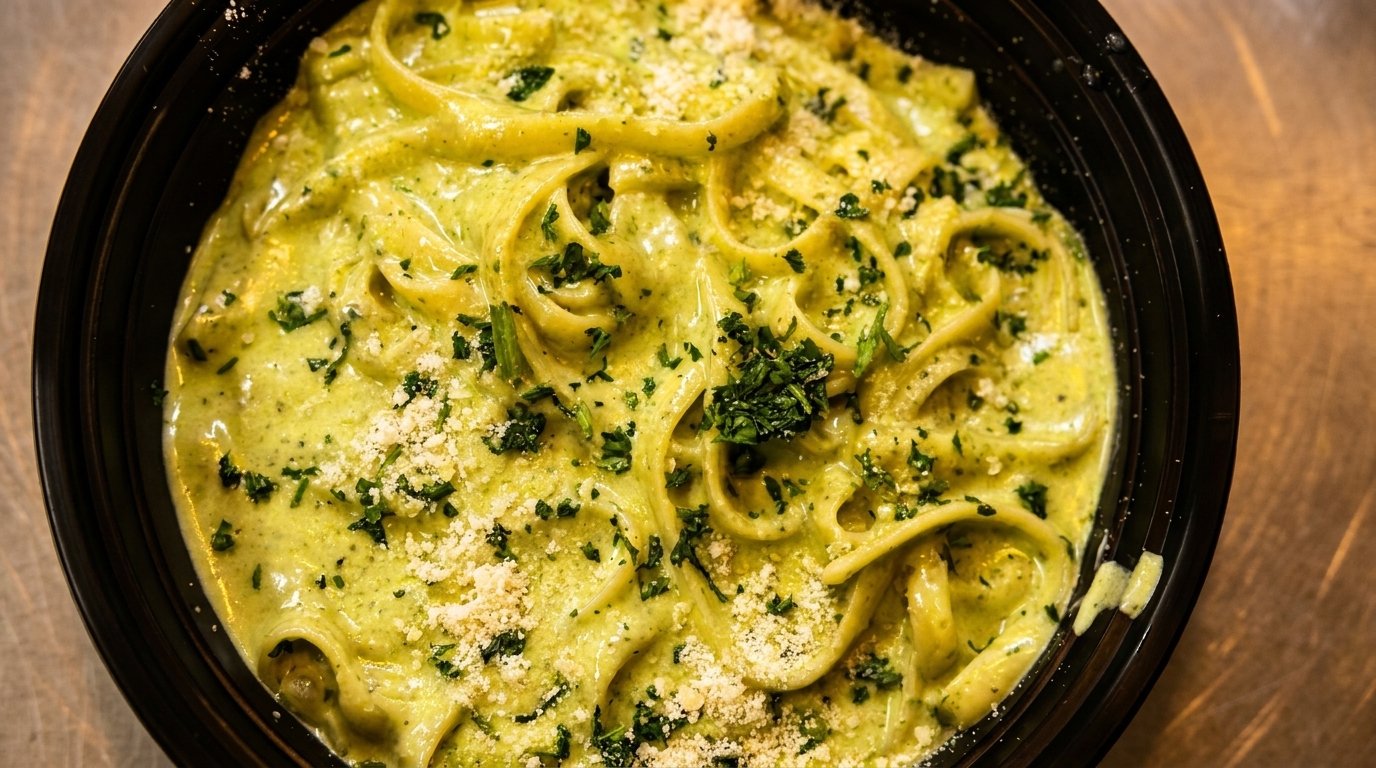 Close-up of fettuccine pasta coated in a creamy green pesto sauce, topped with parsley and Parmesan.