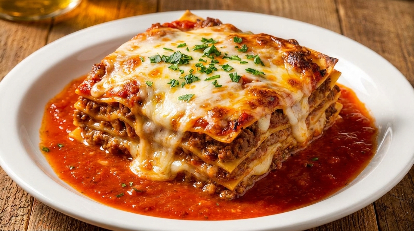 A delicious, cheesy lasagna with rich red sauce and fresh parsley on a white plate.