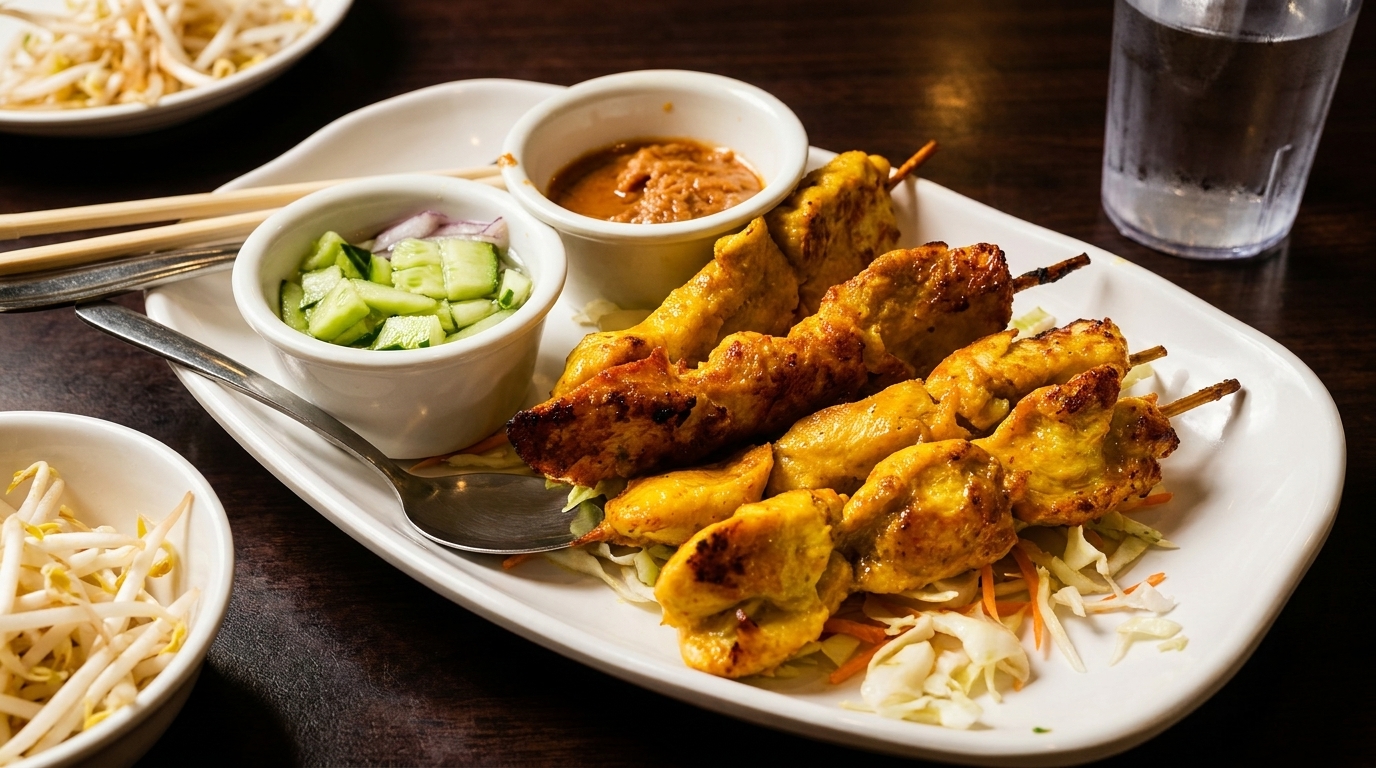 Chicken satay skewers with peanut sauce, cucumber salad, and bean sprouts on a white plate.