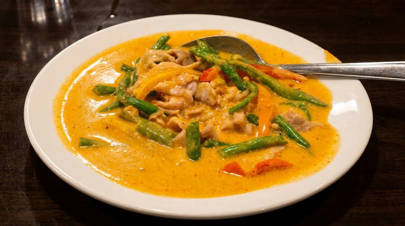 Red curry with chicken, green beans, and bell peppers in a white bowl with a spoon.