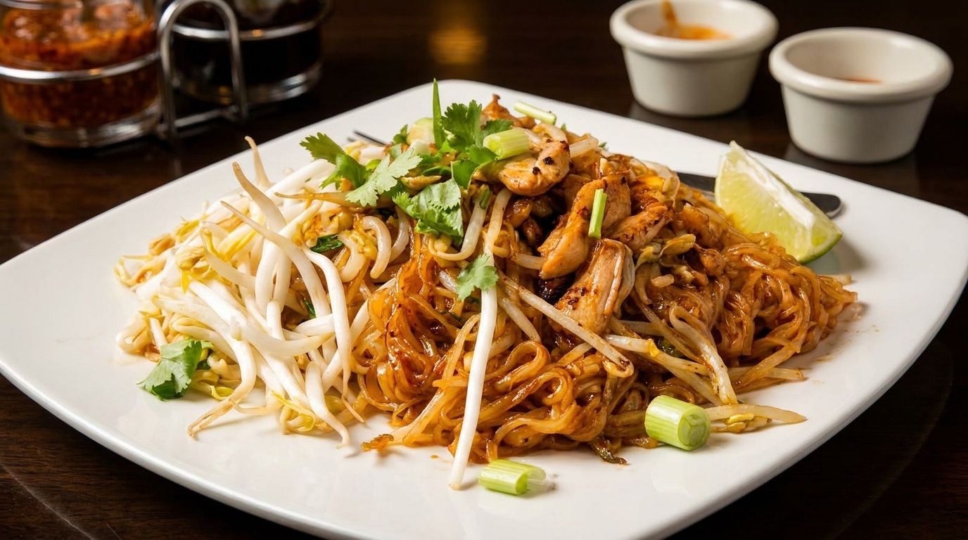 A plate of chicken Pad Thai with bean sprouts, cilantro, and a lime wedge.