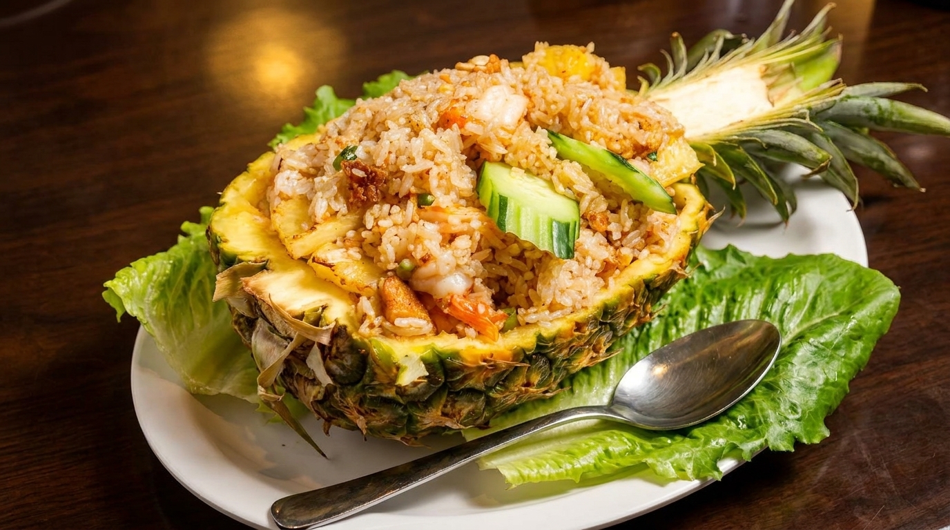 Pineapple fried rice with shrimp and cucumber served in a hollowed-out pineapple on lettuce.