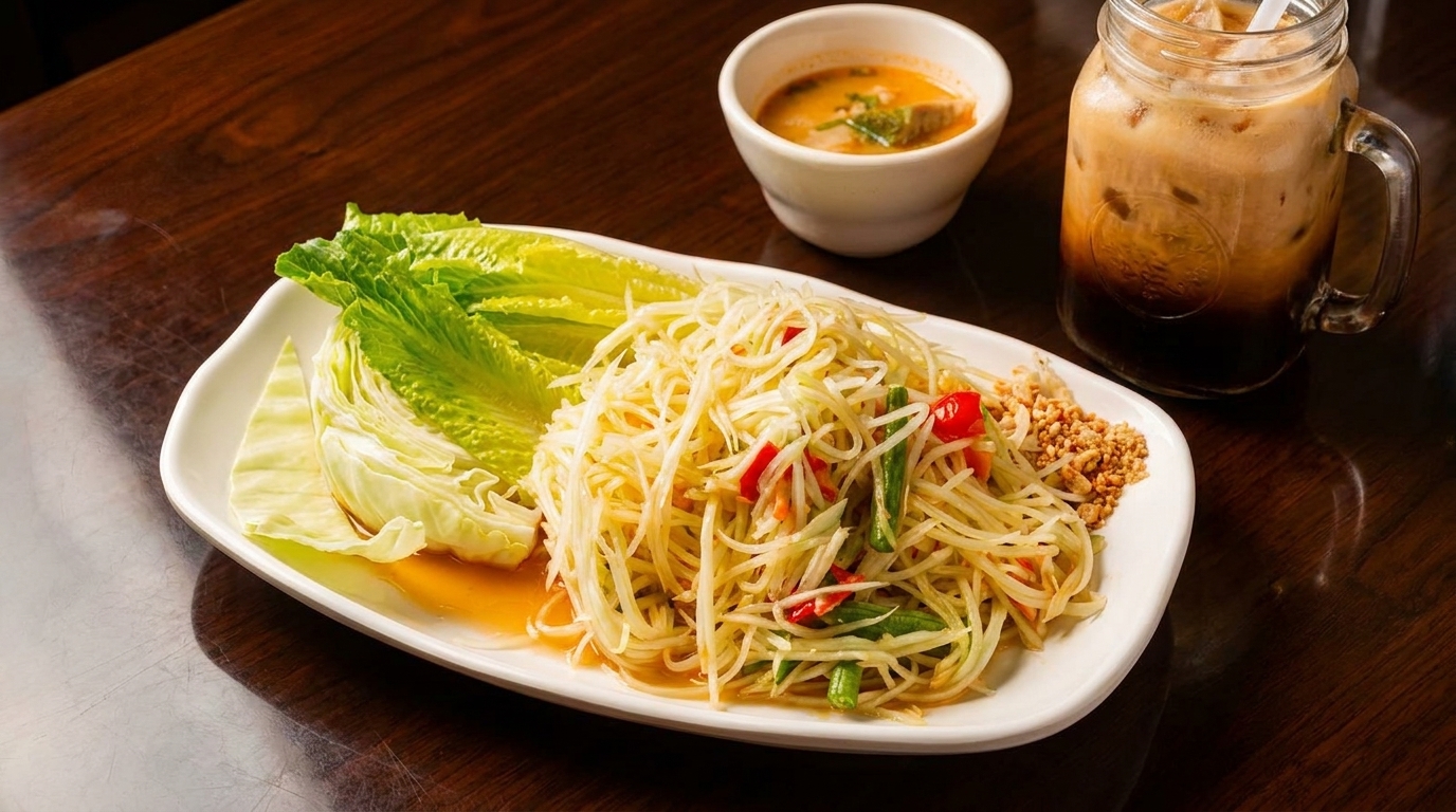 Papaya salad with lettuce, a bowl of soup, and iced tea on a wooden table.