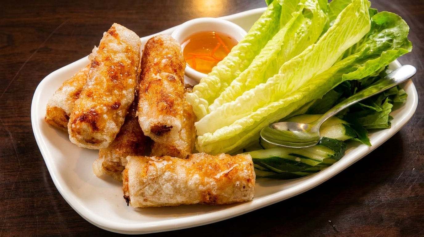 Crispy fried spring rolls with fresh lettuce, cucumber slices, and a dipping sauce on a white plate.