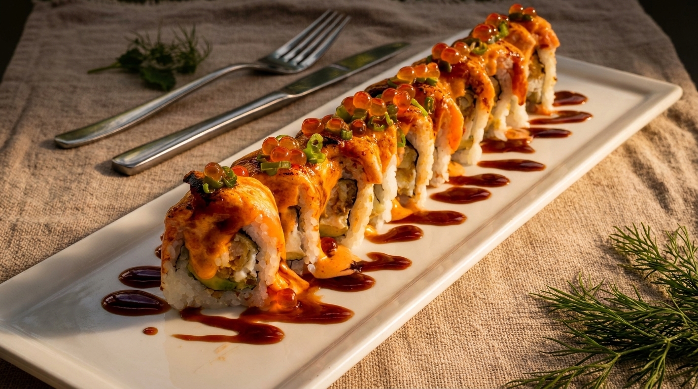 A long plate of sushi rolls topped with orange sauce, roe, and green onions.