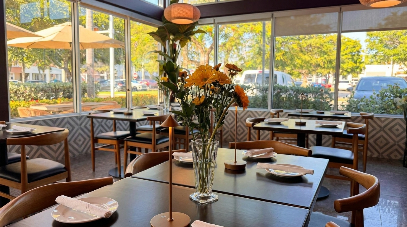 Restaurant interior with set tables, a vase of yellow flowers, and large windows overlooking trees.