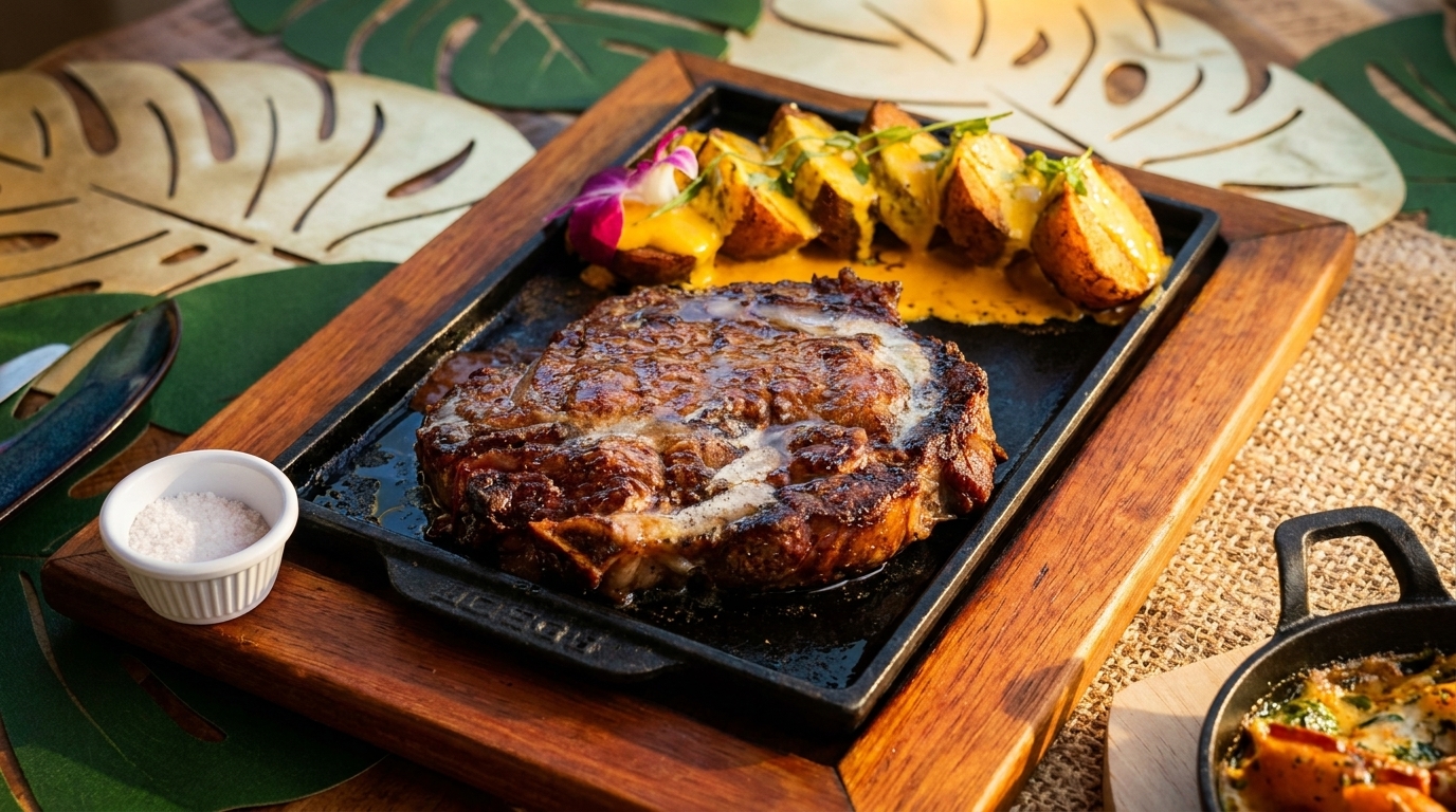 Grilled steak and potato wedges with cheese sauce on a cast iron platter.