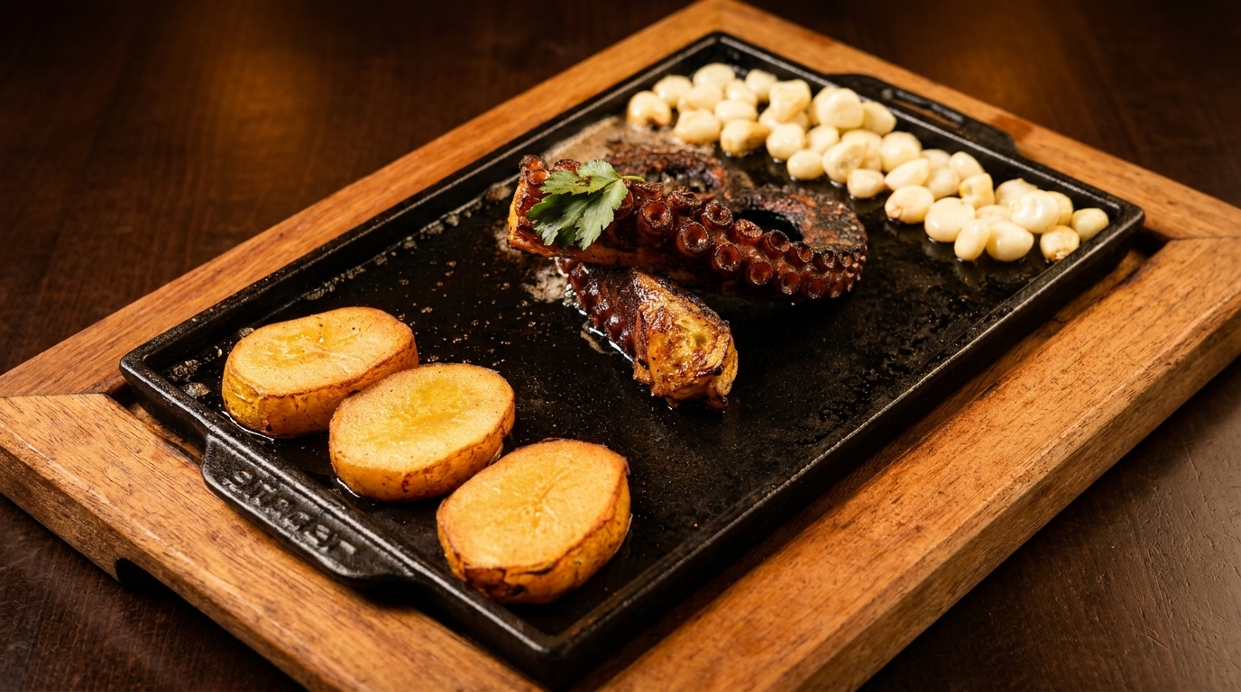 Grilled octopus with potatoes and corn kernels served on a black cast iron skillet.