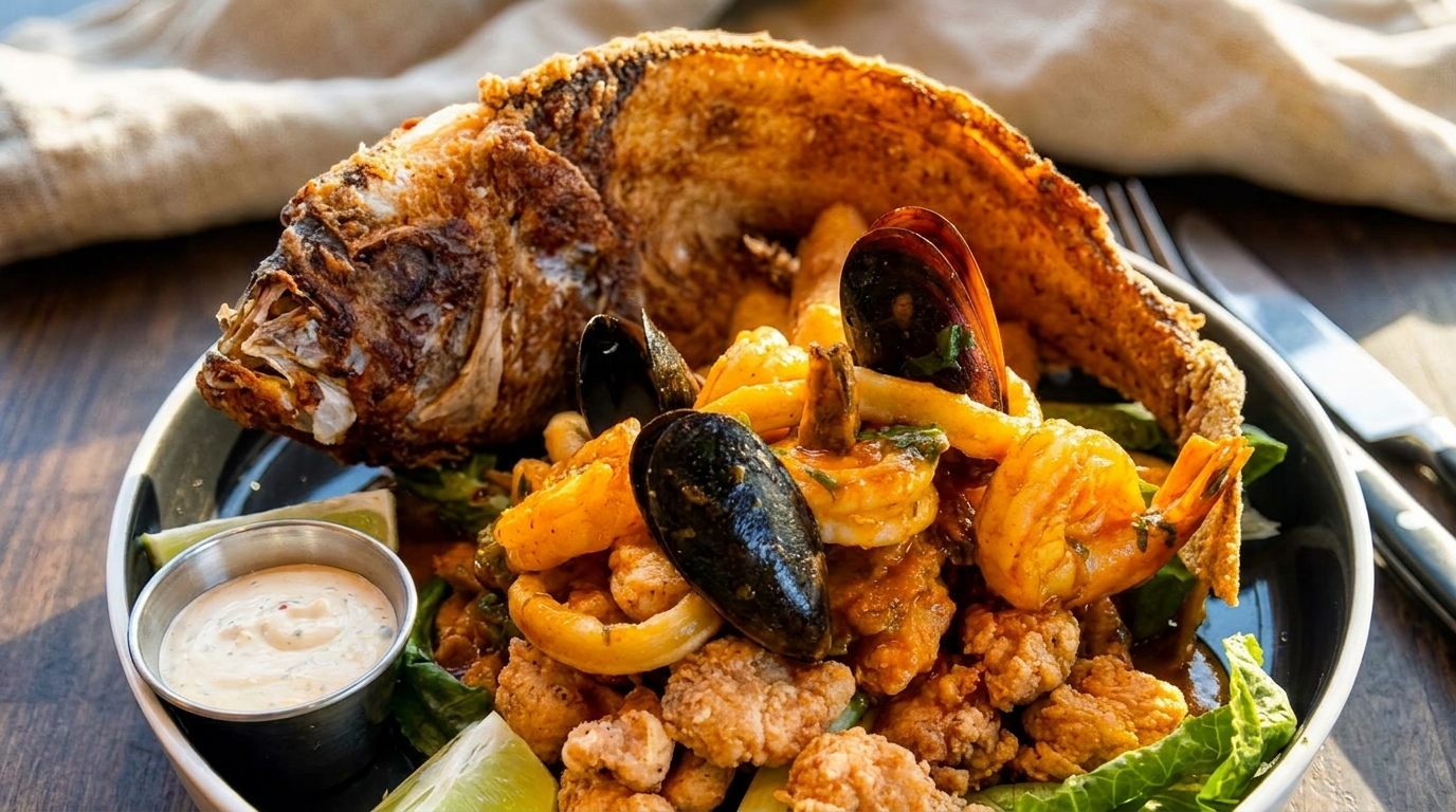 A whole fried fish with mussels, shrimp, calamari, and fried seafood on a bed of lettuce.