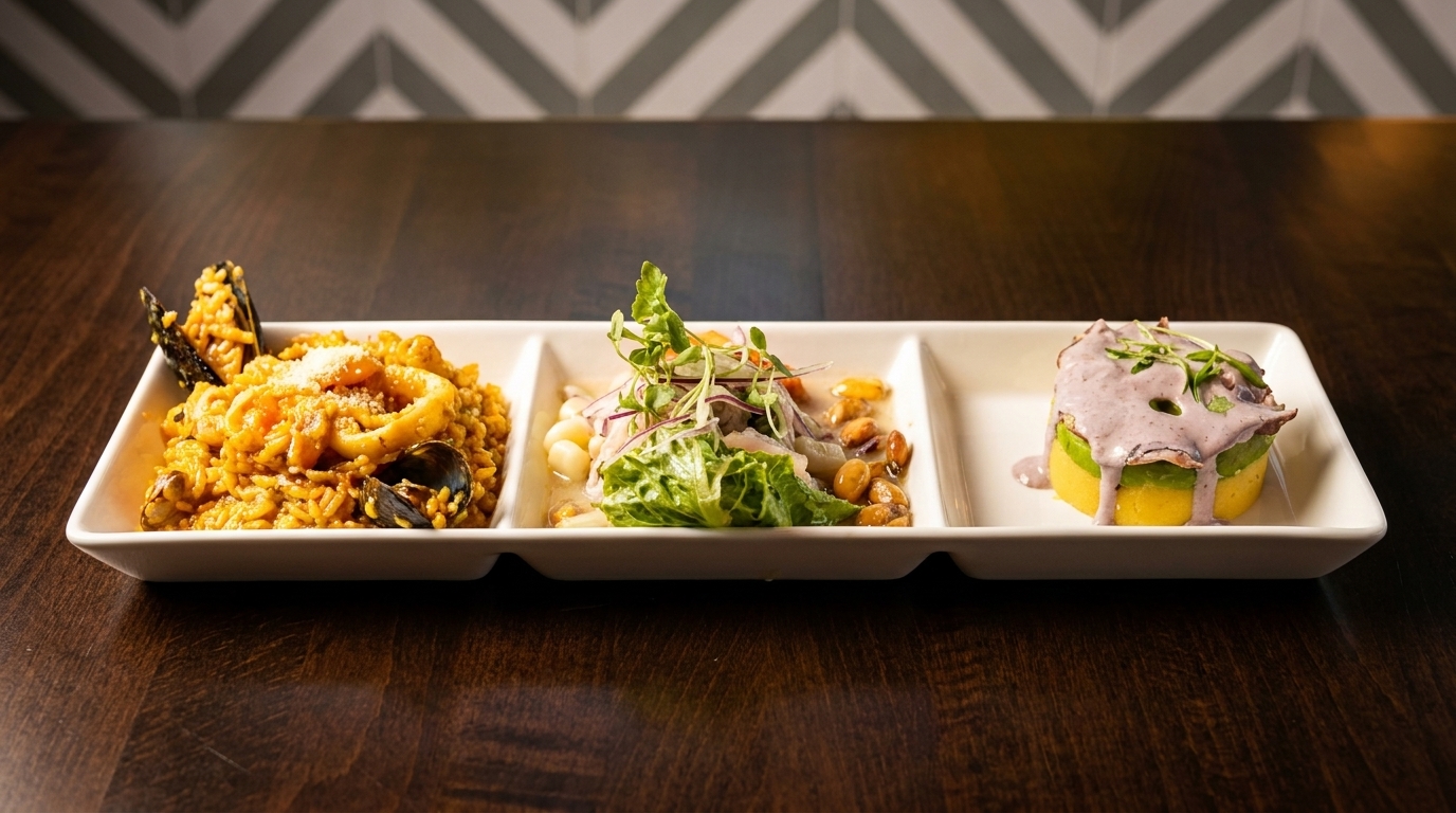 A white rectangular plate holds three Peruvian dishes: seafood rice, ceviche, and causa with purple sauce.