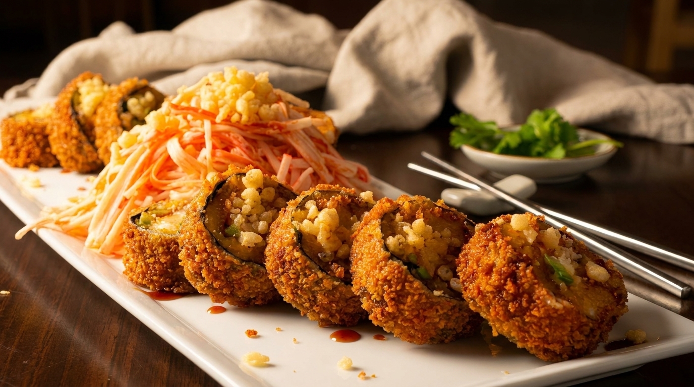 Crispy fried sushi rolls with crab salad and tempura flakes on a white plate with chopsticks.