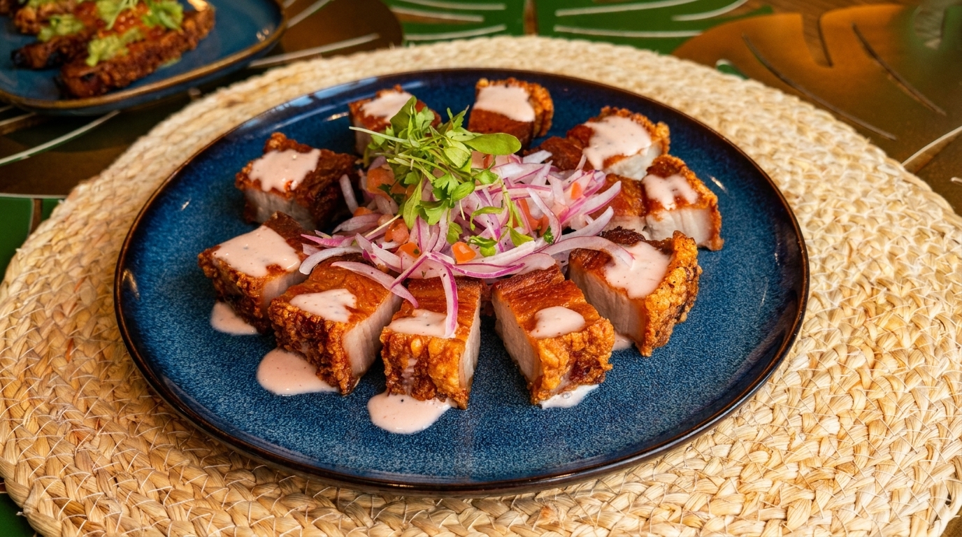 Crispy pork belly pieces with sauce, red onions, and microgreens on a blue plate.