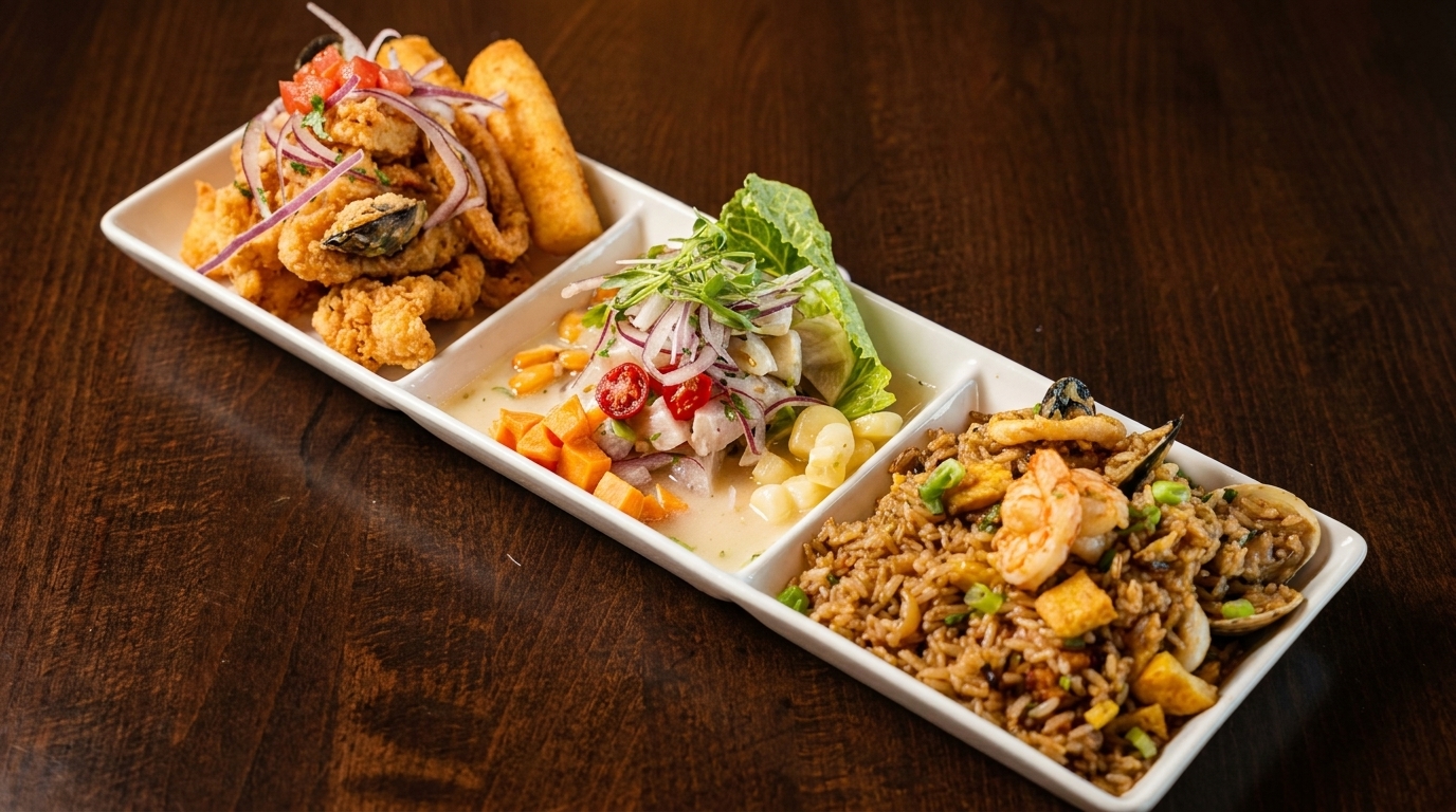 A white rectangular platter with three sections of Peruvian dishes: fried seafood, ceviche, and arroz con mariscos.