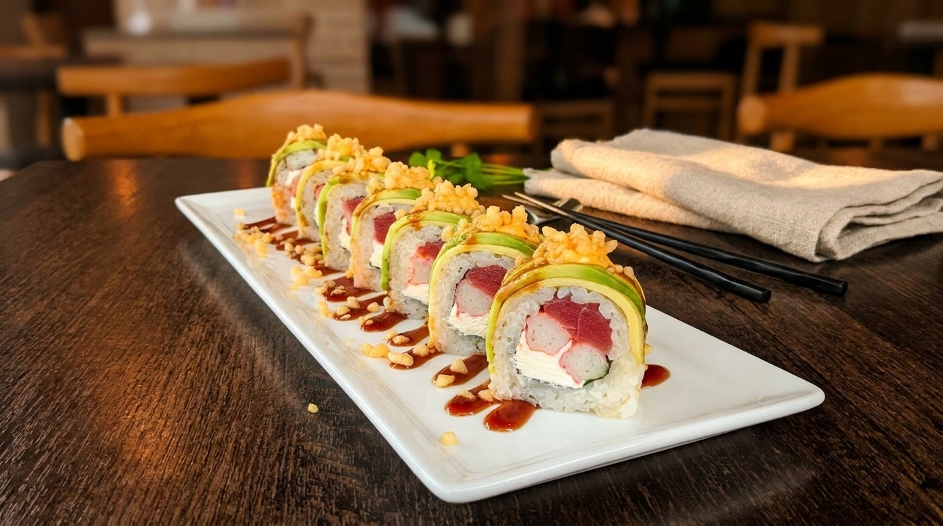 A plate of sushi rolls with avocado, tuna, and crab, drizzled with sauce on a wooden table.