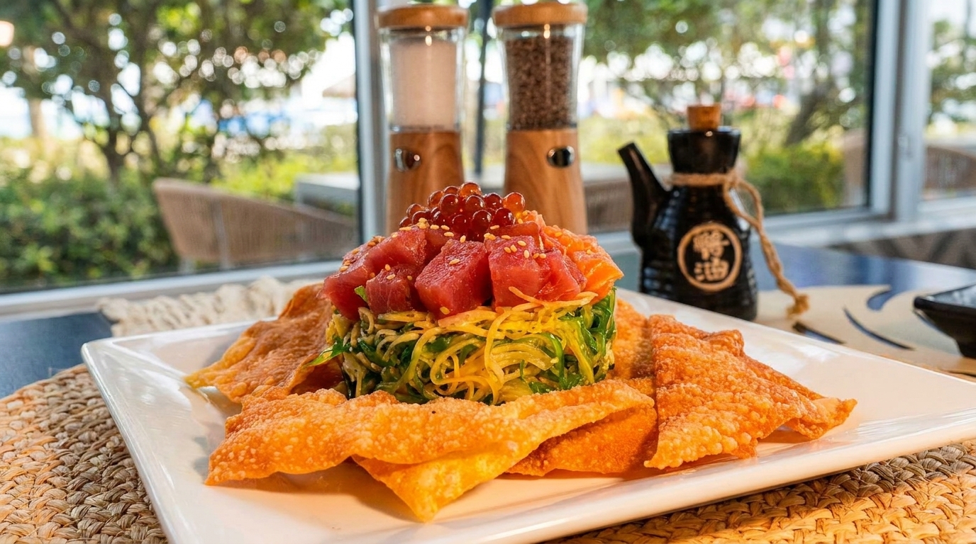 A vibrant poke tower with tuna, salmon, roe, and seaweed salad, surrounded by crispy wonton chips.