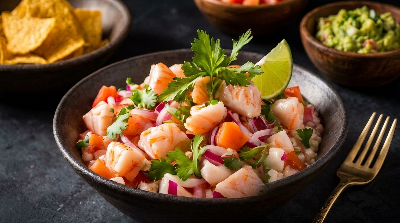 Shrimp ceviche with red onion, tomato, cilantro, and lime, served with tortilla chips and guacamole.