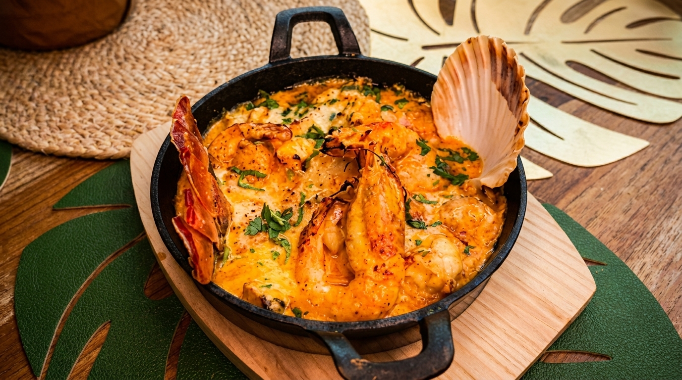 Shrimp and scallops in a creamy orange sauce, garnished with parsley, served in a black skillet.