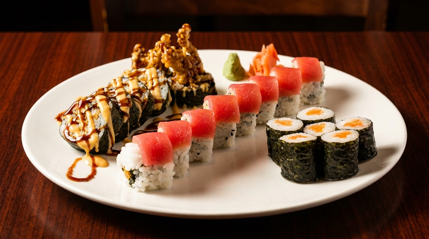 A white plate holds three types of sushi rolls, including tuna, salmon, and drizzled rolls.