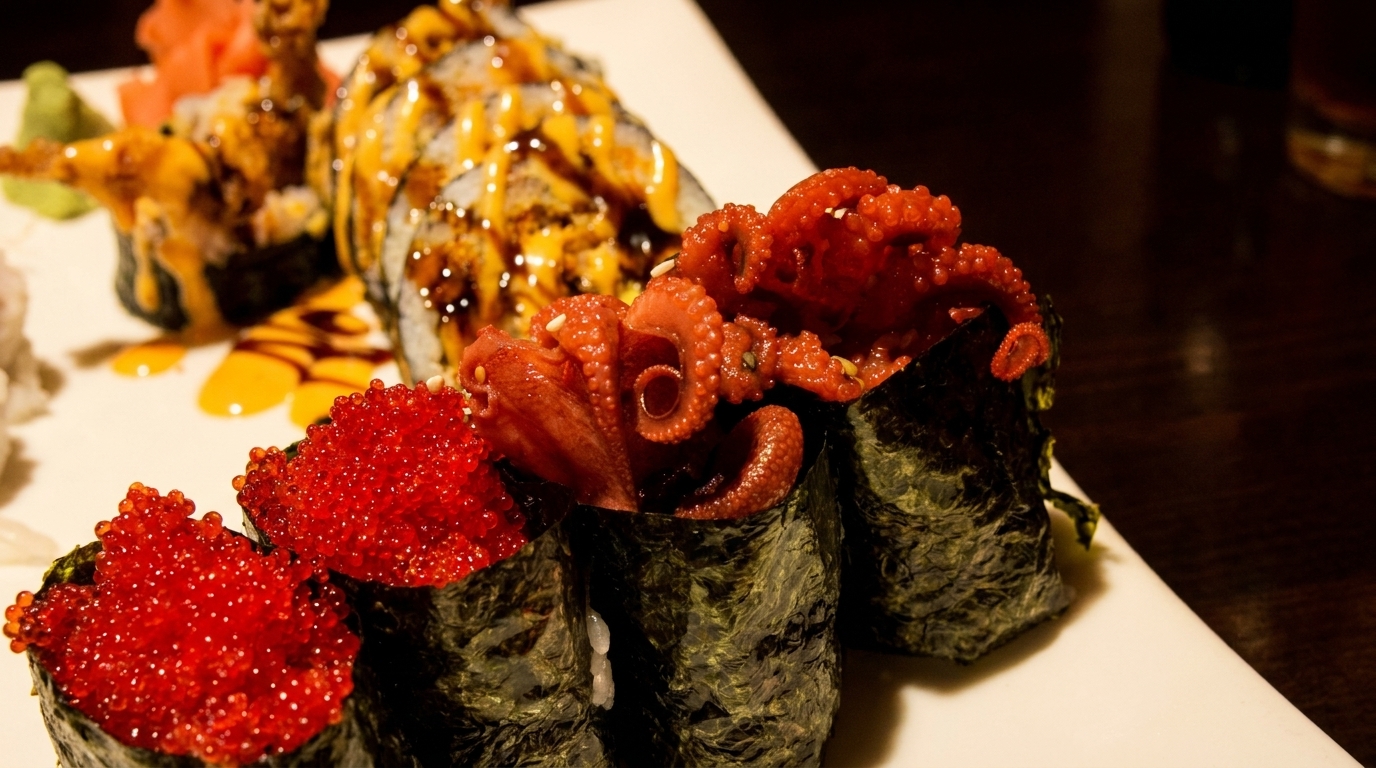 Sushi platter with octopus, red tobiko, and tempura rolls on a white plate.