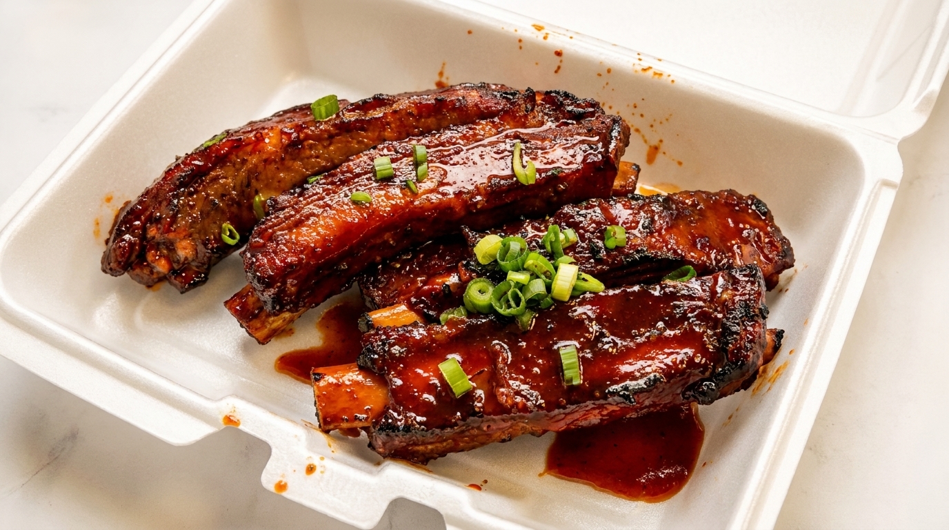 Sticky, glazed BBQ ribs with green onion garnish in a white takeout container.