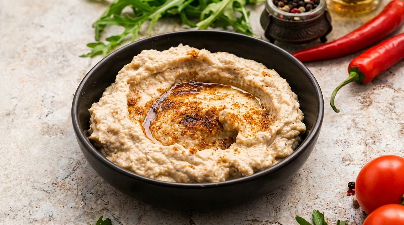 Creamy baba ghanoush in a black bowl, garnished with paprika and olive oil, surrounded by fresh vegetables.