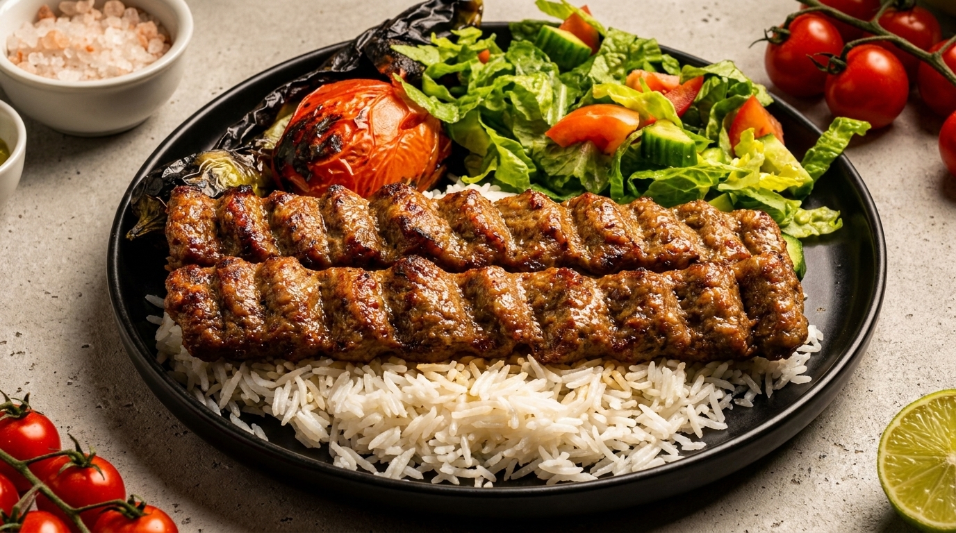 Two skewers of grilled ground meat kebabs on a bed of white rice, with roasted tomato and salad.