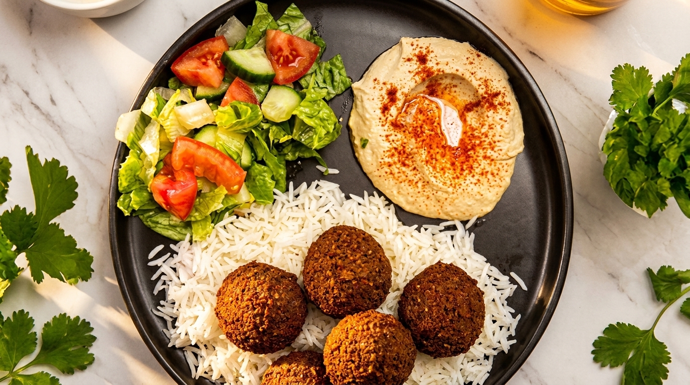 Falafel plate with rice, hummus, and a fresh salad on a black plate.