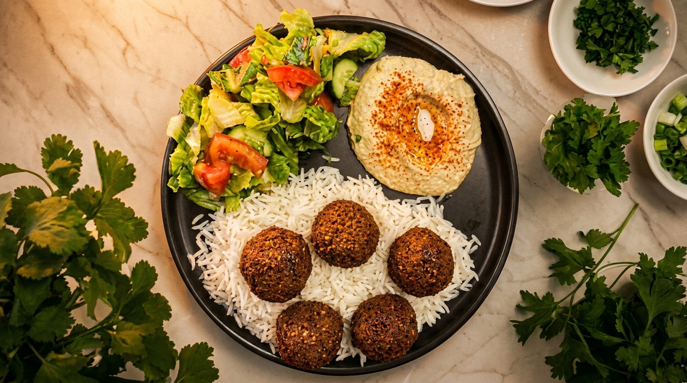 Falafel plate with rice, hummus, and salad, garnished with fresh herbs on a marble surface.