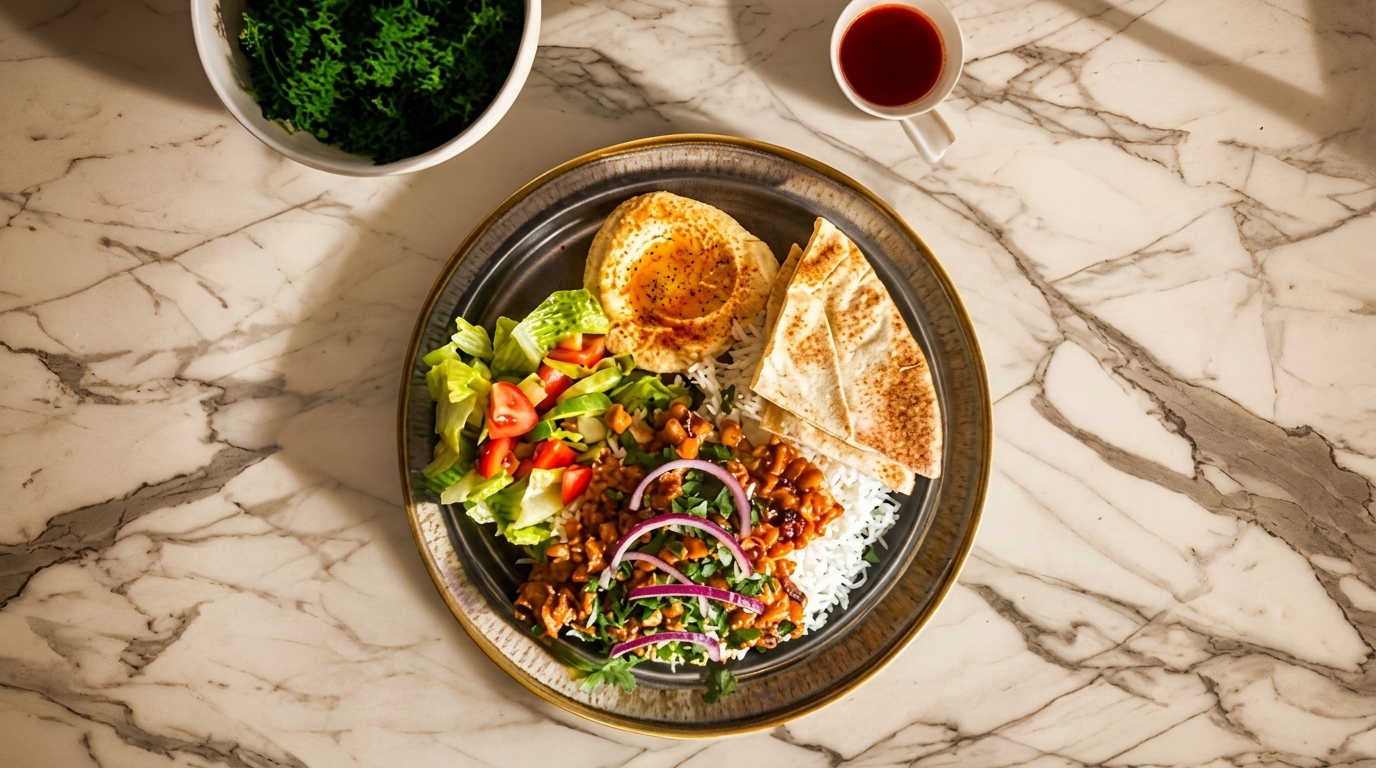 Overhead view of a Mediterranean platter with hummus, pita, rice, salad, and a bean dish.