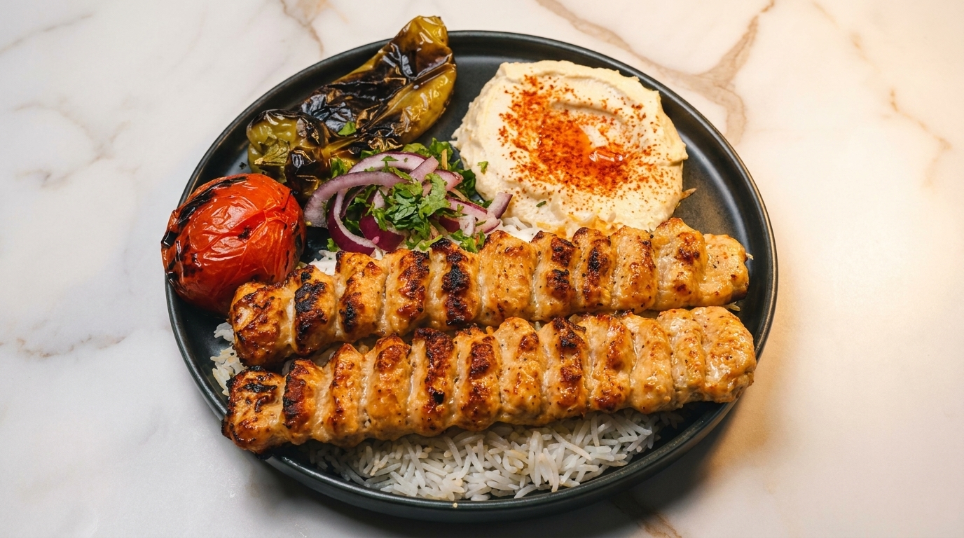 Two chicken shish tawook skewers on a bed of rice, with hummus, grilled vegetables, and red onion salad.