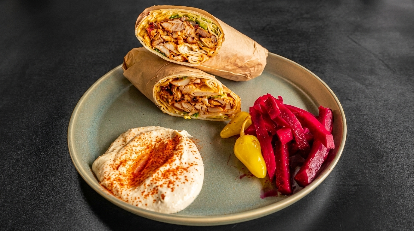Two chicken shawarma wraps, hummus with paprika, pickled beets, and yellow peppers on a plate.