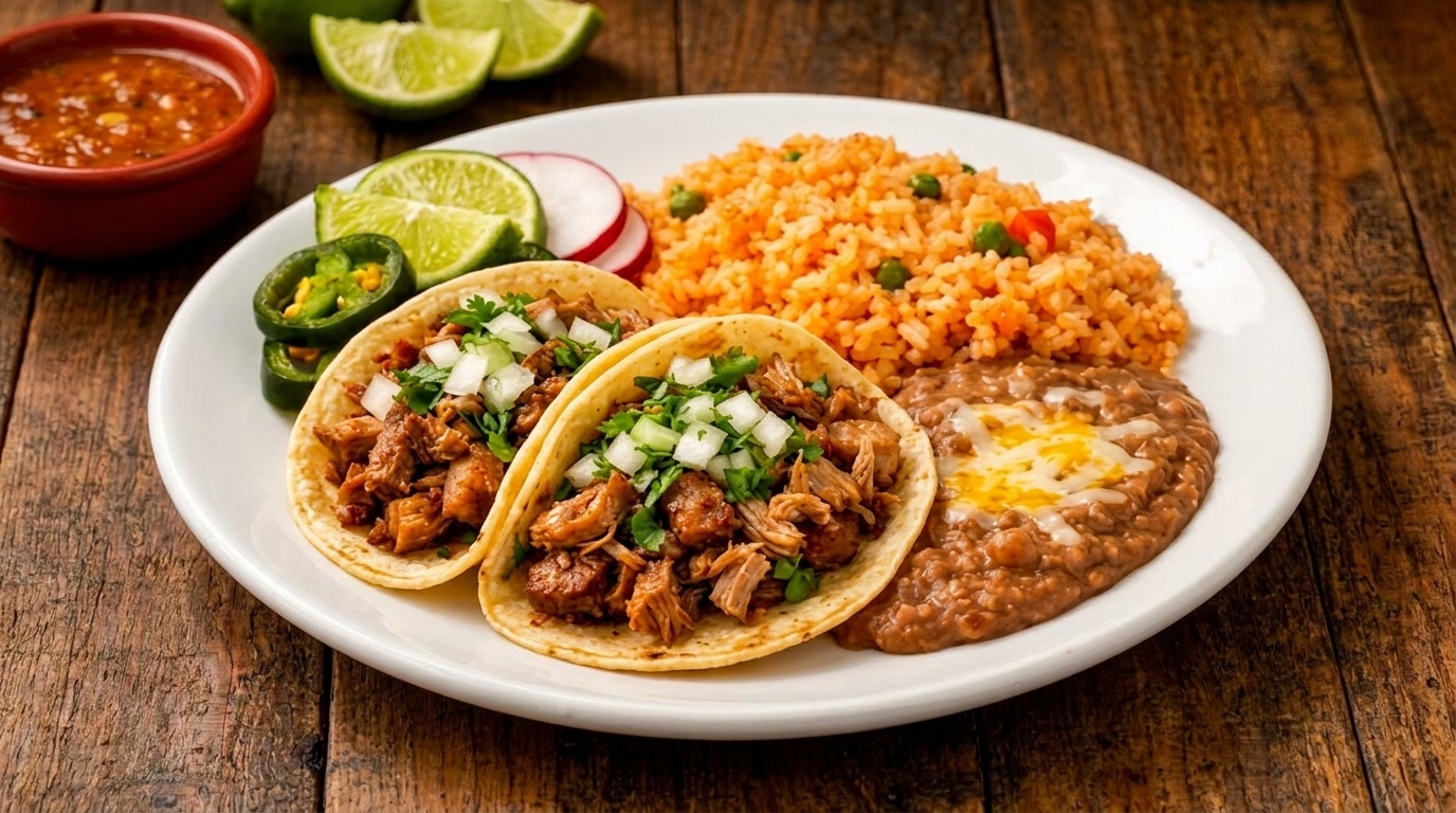 Two carnitas tacos with rice, refried beans, jalapeños, limes, and salsa on a white plate.