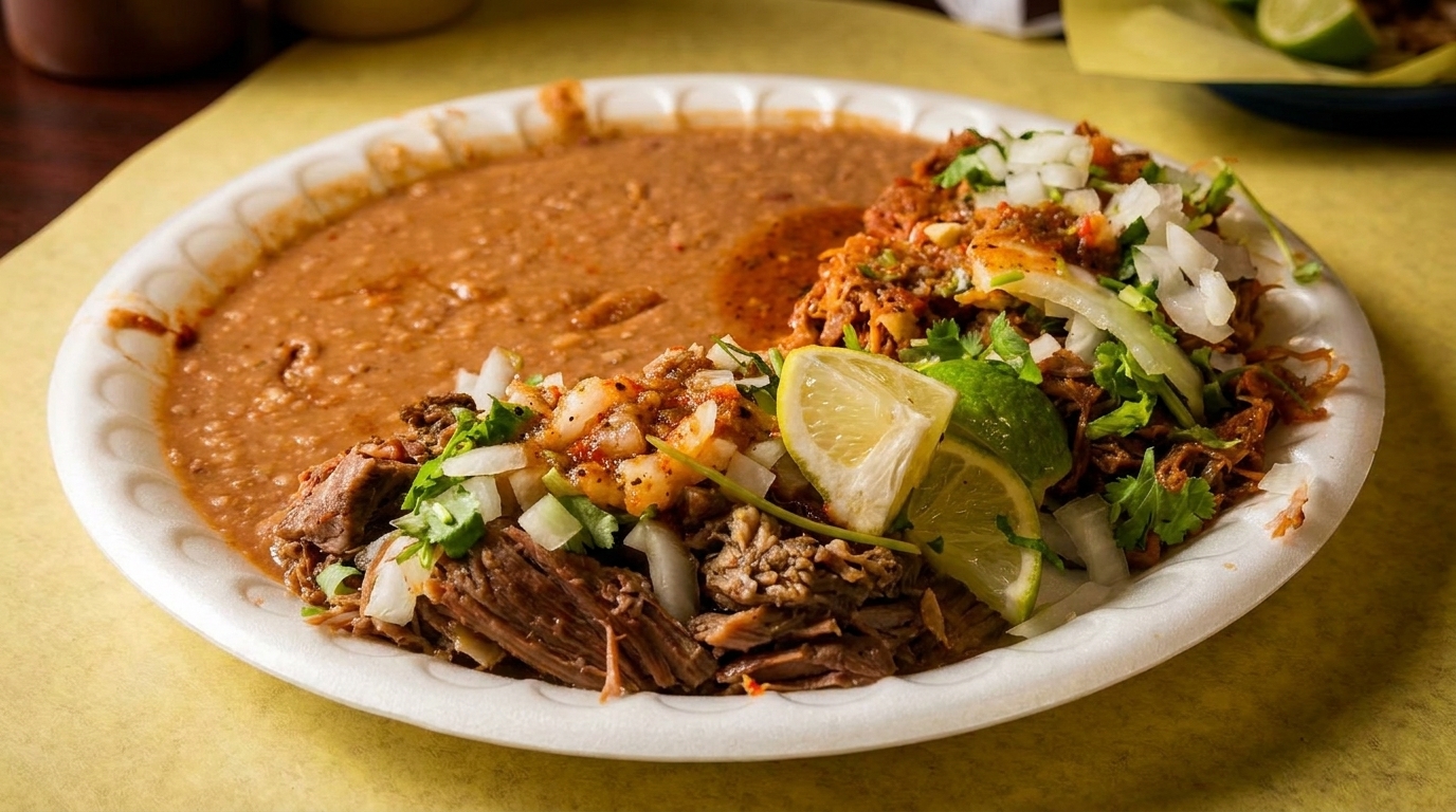 A plate of Mexican food with refried beans, shredded meat, shrimp, onions, cilantro, and lime.