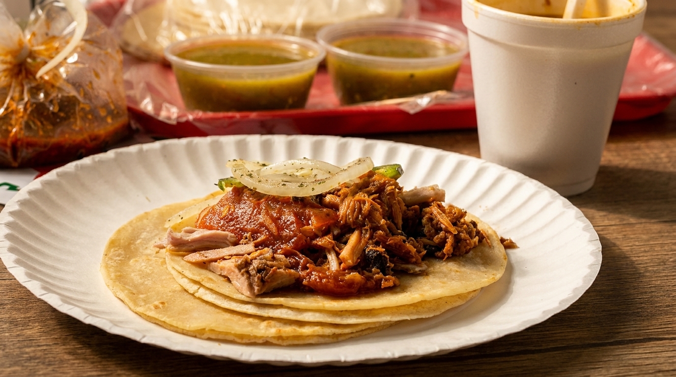Tacos with meat, onions, and sauce on a paper plate, with salsa and a drink in the background.