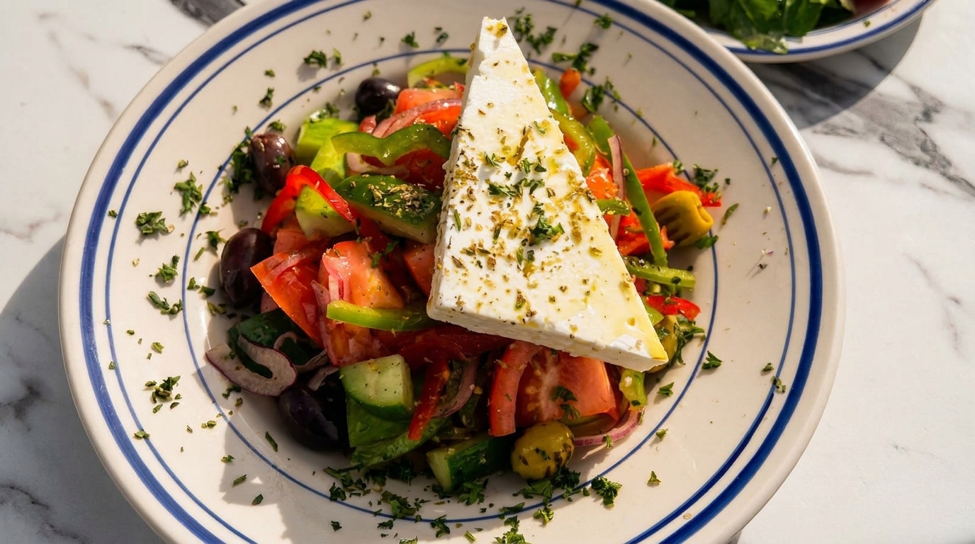 A vibrant Greek salad with a large slice of feta cheese, olives, and fresh vegetables.