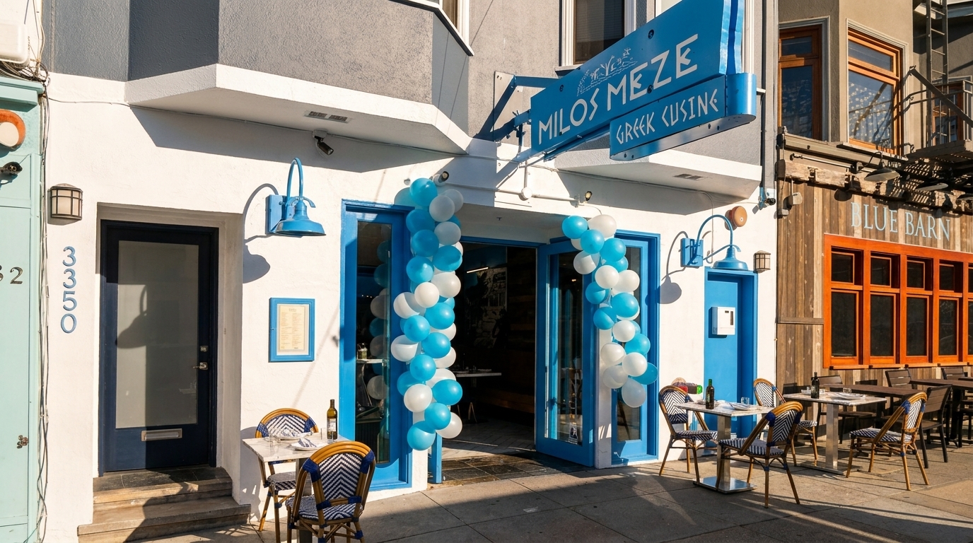 Milos Meze Greek Cuisine restaurant exterior with blue and white balloons, outdoor seating, and a blue sign.
